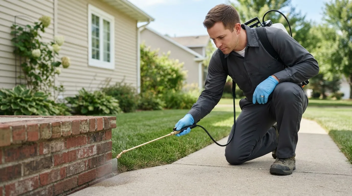 Pest control technician treating a home near Gustine, CA